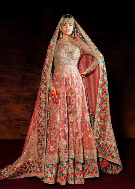 Rose gold Pakistani bridal dress long frock crush sharara Saaz
