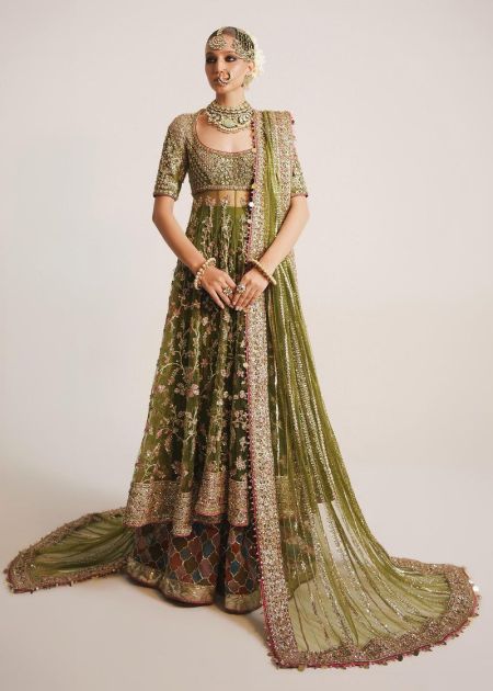 Pakistani bridal dress mehndi green gown crush sharara Moong