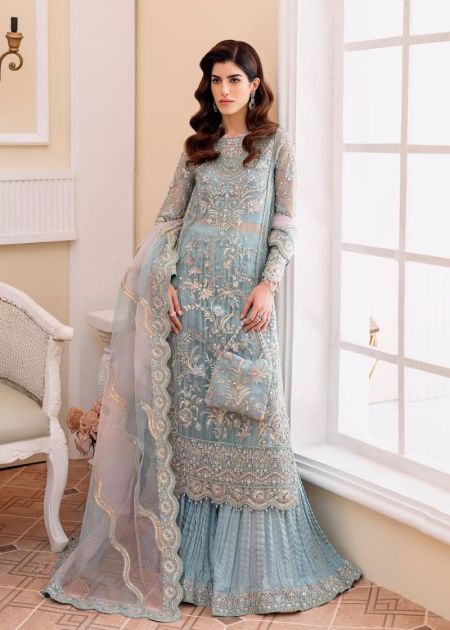 Ice Blue Pakistani wedding guest Dresses crush sharara kameez Rimel