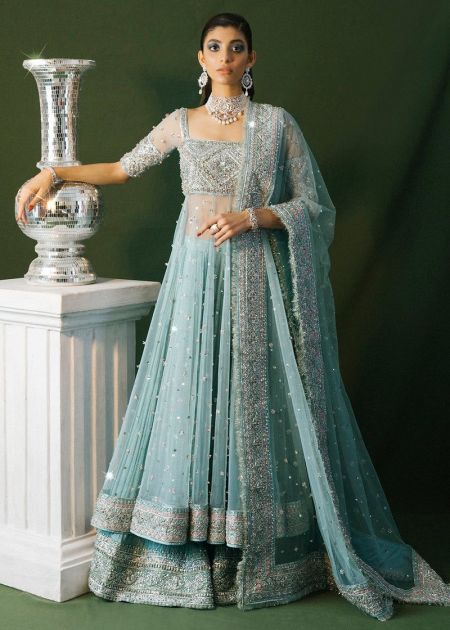 Pakistani Luxury wedding guest Dresses blue fock with crush sharara Saahil
