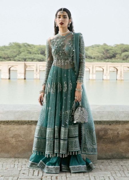 Pakistani Luxury wedding guest Dresses green fock with crush sharara Safeena