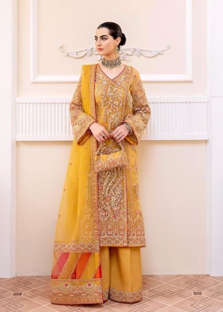 Pakistani wedding wear Mehndi Dress angrakha Style yellow Urwa