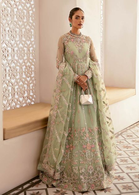Pakistani Wedding Dress Peshwas Frock Style Mint Green Tanir