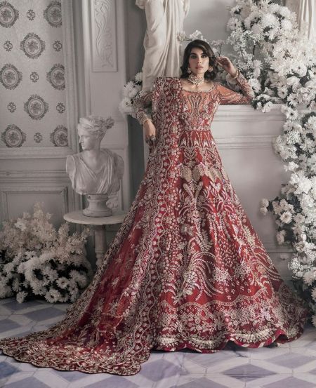 Red bridal maxi Dress long Frock style wedding wear Deluxe