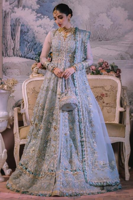 Ice Blue Pakistani Wedding Dress open gown Style lehenga outfit esme