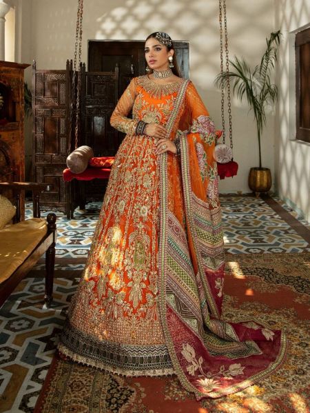 Orange Maxi floor length Pakistani wedding dress Kesar